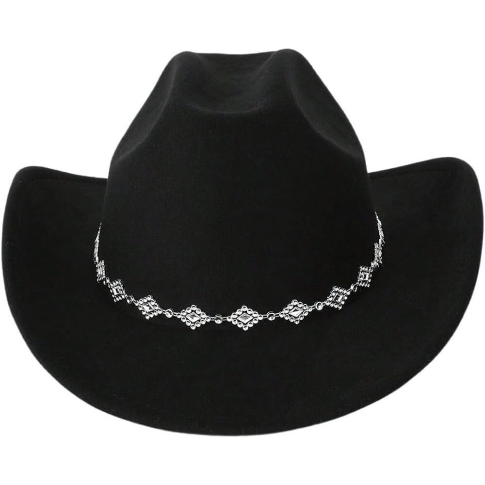 Verdusa Women Black 100% Polyester Rhinestone Diamond Chain Band Cowboy Felt Hat